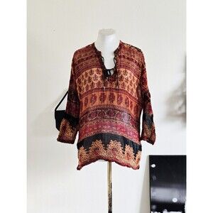 Made In India Cotton Orange Ethnic Paisley 2/3 Sleeve Semi Sheer Blouse XS